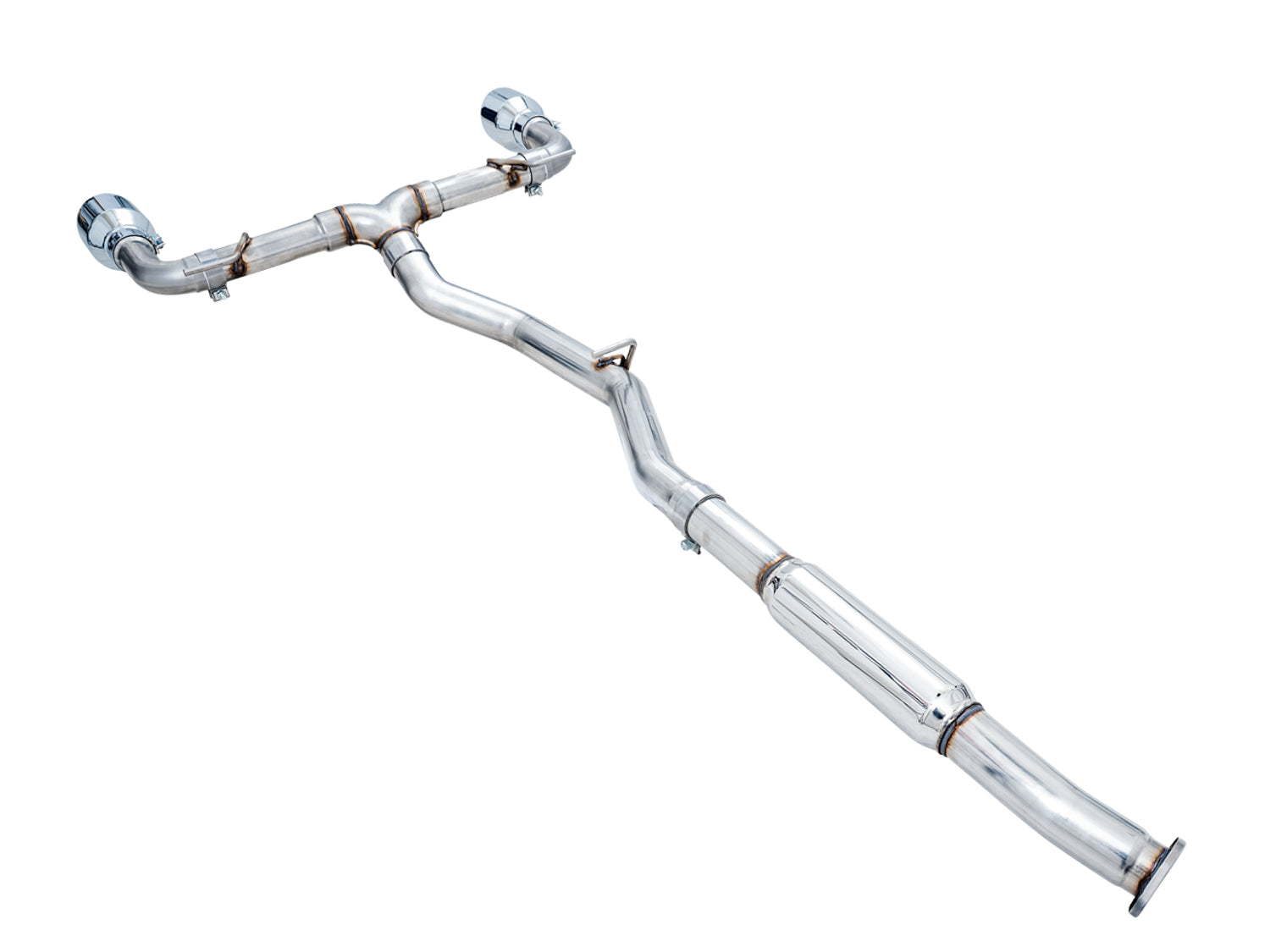 AWE Track Edition exhaust for Subaru BRZ, full-length side view with mid-pipe resonator and Chrome Silver tips