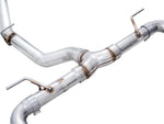 AWE Track Edition exhaust for Scion FR-S, close-up of the Y-pipe and hanger brackets in T304L stainless steel