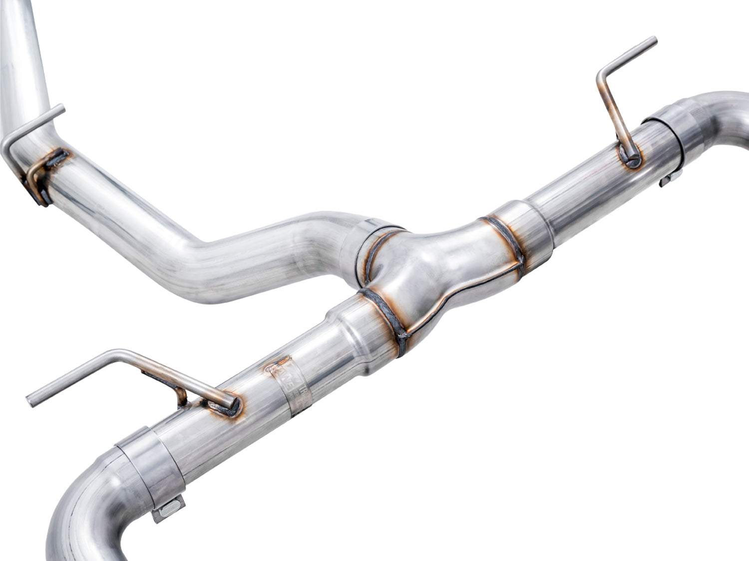 AWE Track Edition exhaust for Subaru BRZ, close-up of the Y-pipe and hanger brackets in T304L stainless steel