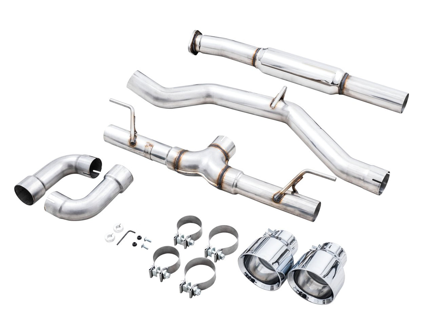 AWE Track Edition exhaust for Toyota GR86, parts laid out with clamps, hangers and two Chrome Silver tips