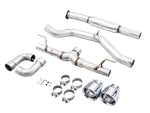 AWE Track Edition exhaust for Toyota 86, parts laid out with clamps, hangers and two Chrome Silver tips
