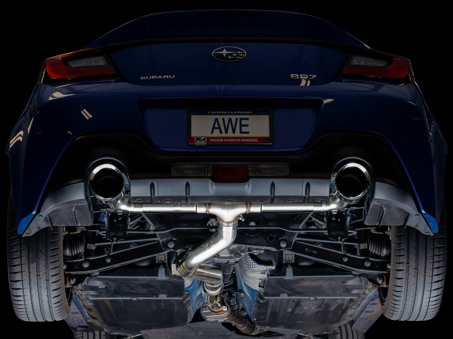 AWE Track Edition exhaust for Toyota 86, rear underside view with Chrome Silver tips