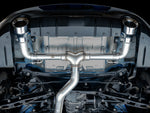AWE Track Edition exhaust for Toyota 86, underside view of the installed system with Chrome Silver tips