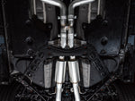 Overhead underbody view of the AWE Track dual 3-inch pipes leaving the Nissan Z downpipes