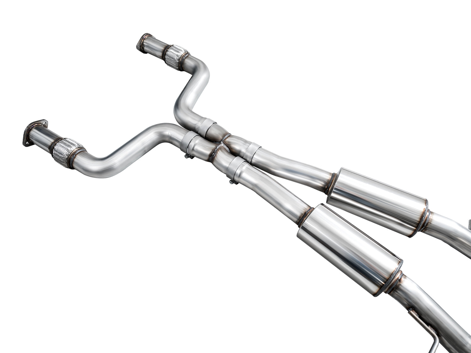Front section of the AWE Nissan Z Track system: downpipe flanges, X-pipe and midpipe resonators
