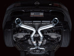 Under a black Nissan Z from behind with the AWE Track X-pipe and straight rear pipes