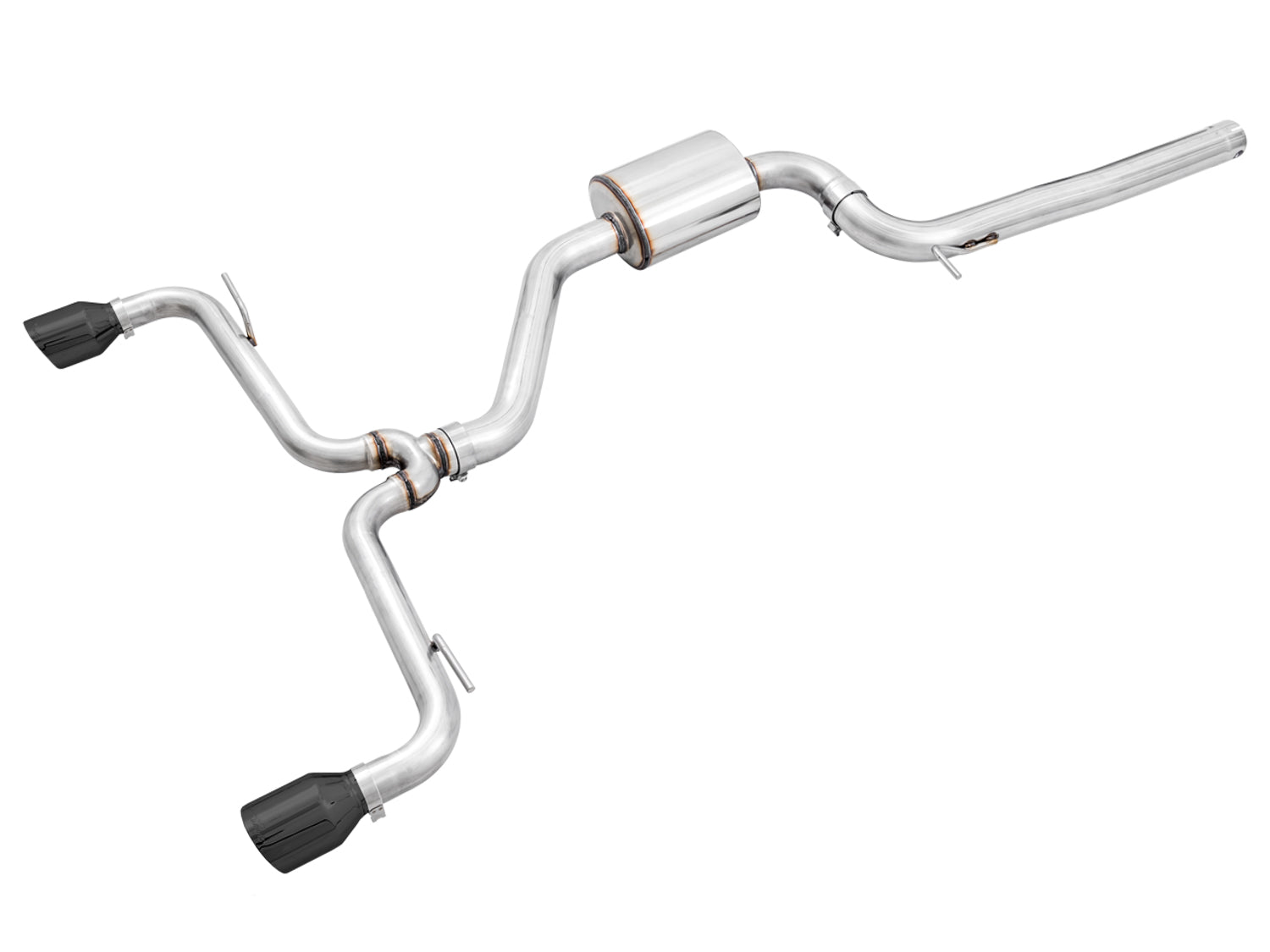 AWE Track Edition GTI Mk7.5 exhaust on white with mid-muffler and Diamond Black tips