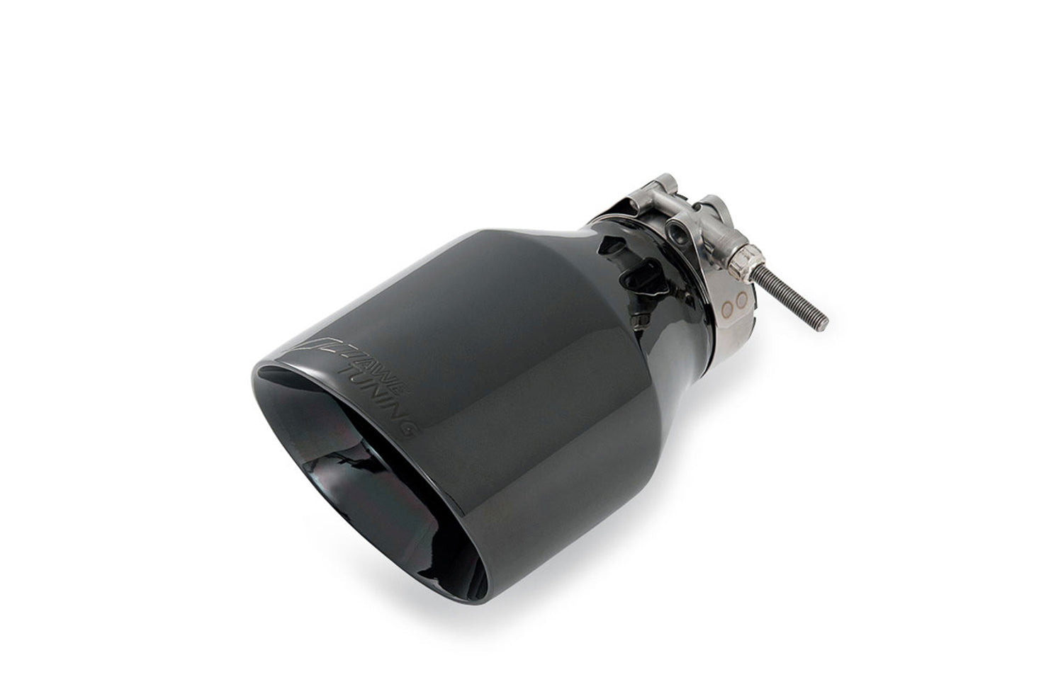 Close-up of an AWE 102mm Diamond Black tip and clamp on white