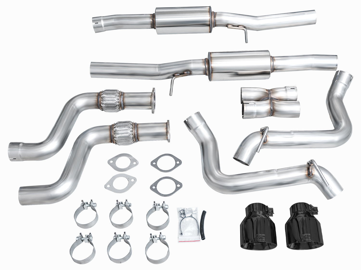 Every part in the AWE Nissan Z Track box: pipes, X-pipe, black tips, plates and clamps