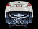 Underside of a WRX on a black backdrop showing the AWE Track Edition straight rear sections