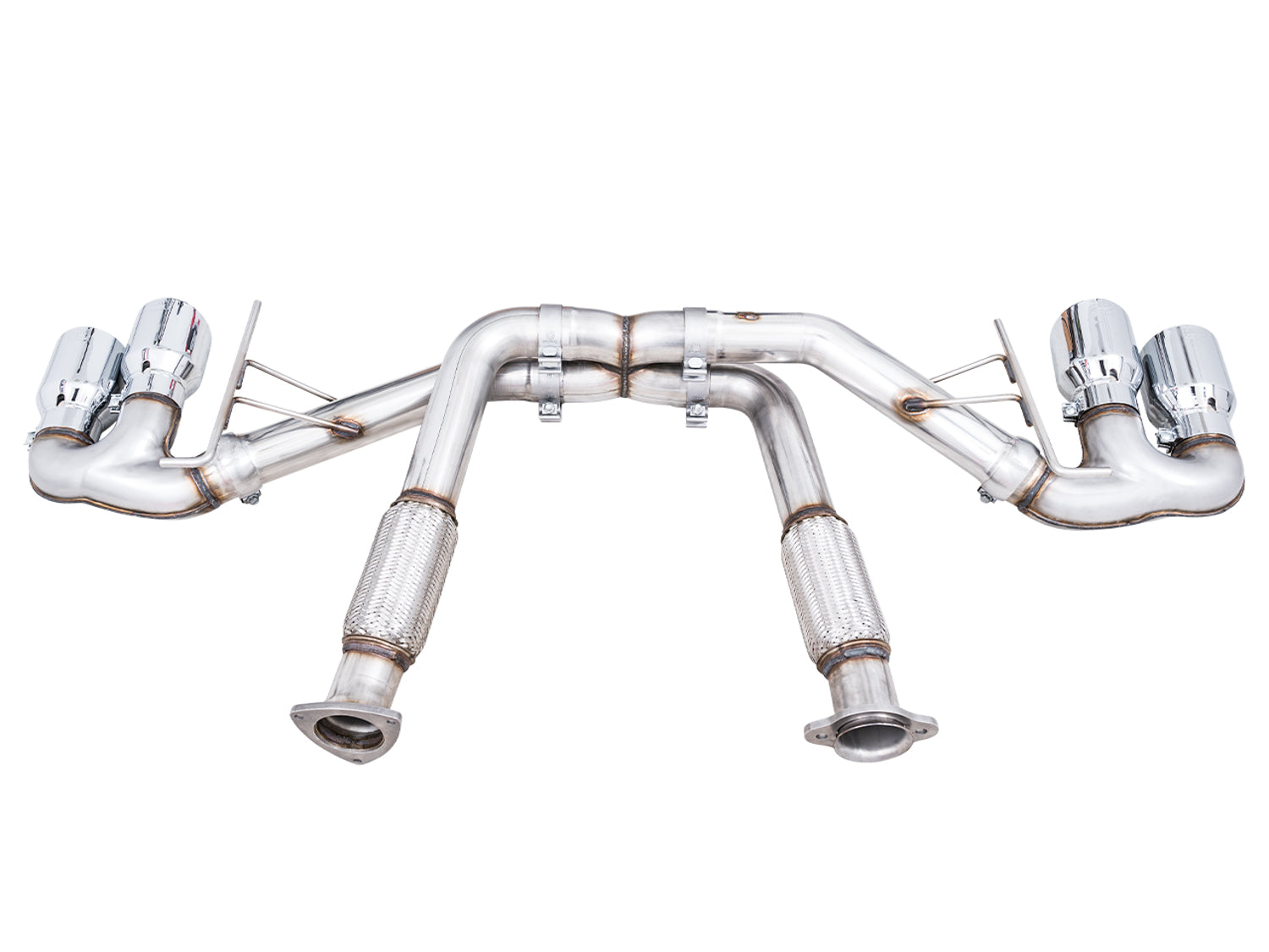 Front view of the muffler-free AWE C8 Track system with chrome quad tips