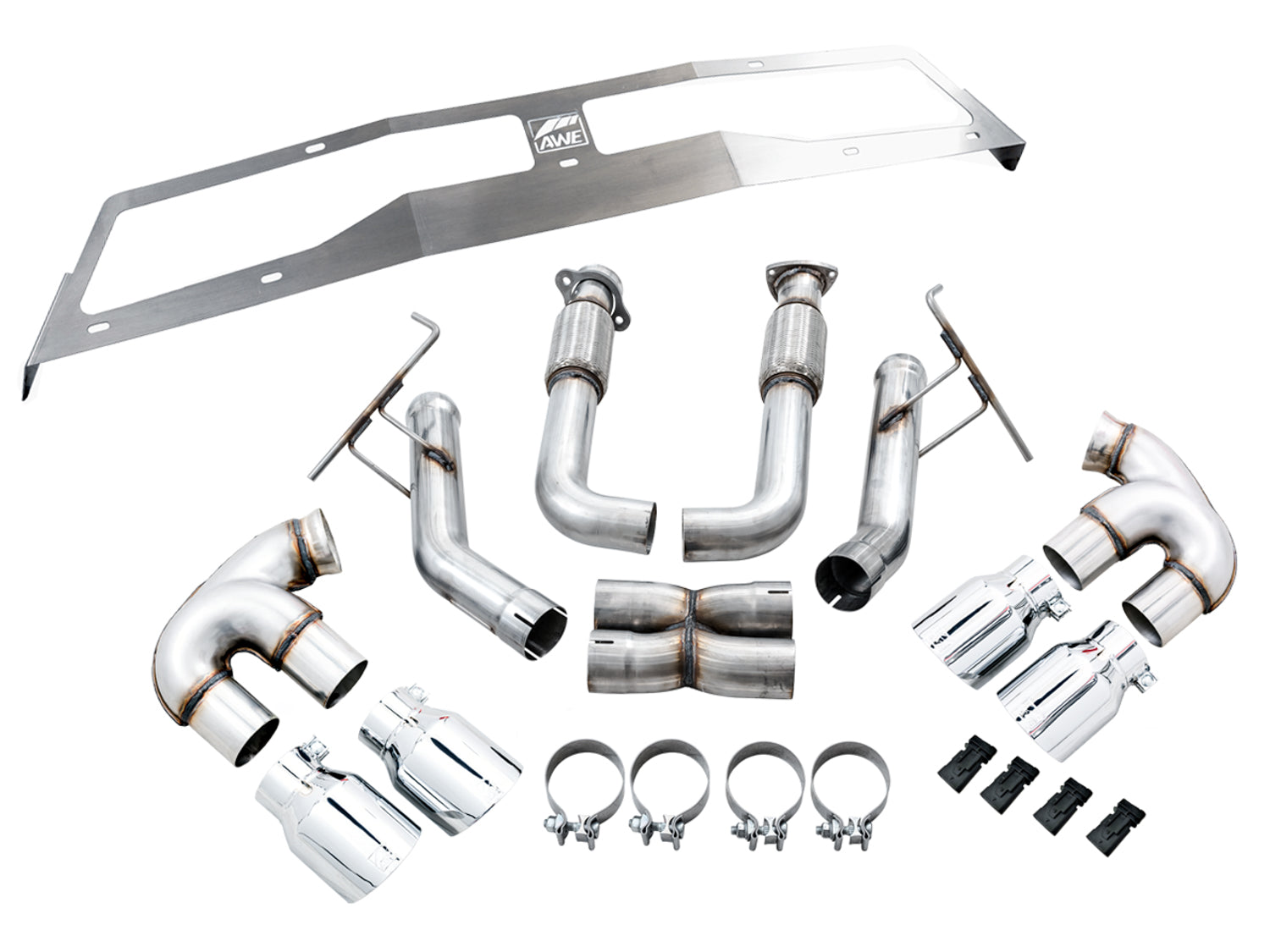 Contents of the AWE C8 Track box: pipes, crossover, tips, heat shield and clamps on white
