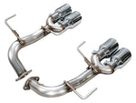 AWE Track axle-back pipes showing the OEM-matched flanges and dual-tip outlets