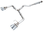 AWE Track Edition WRX cat-back on white with straight rear pipes and quad Chrome Silver tips