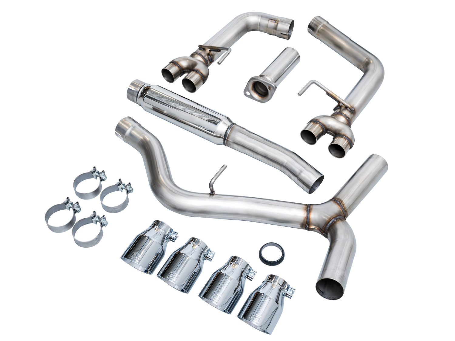 AWE Track Edition WRX cat-back parts laid out: pipes, inlet adapter, clamps and four Chrome tips