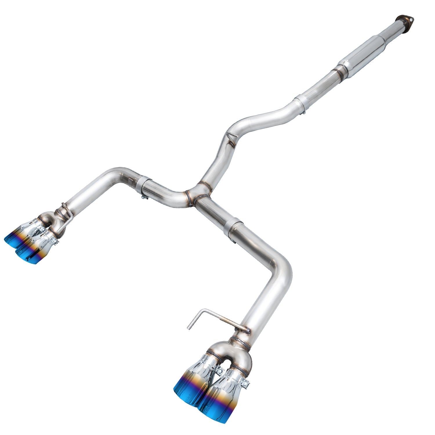 AWE WRX Track system on white with straight rear pipes and Vapor Blue quad tips