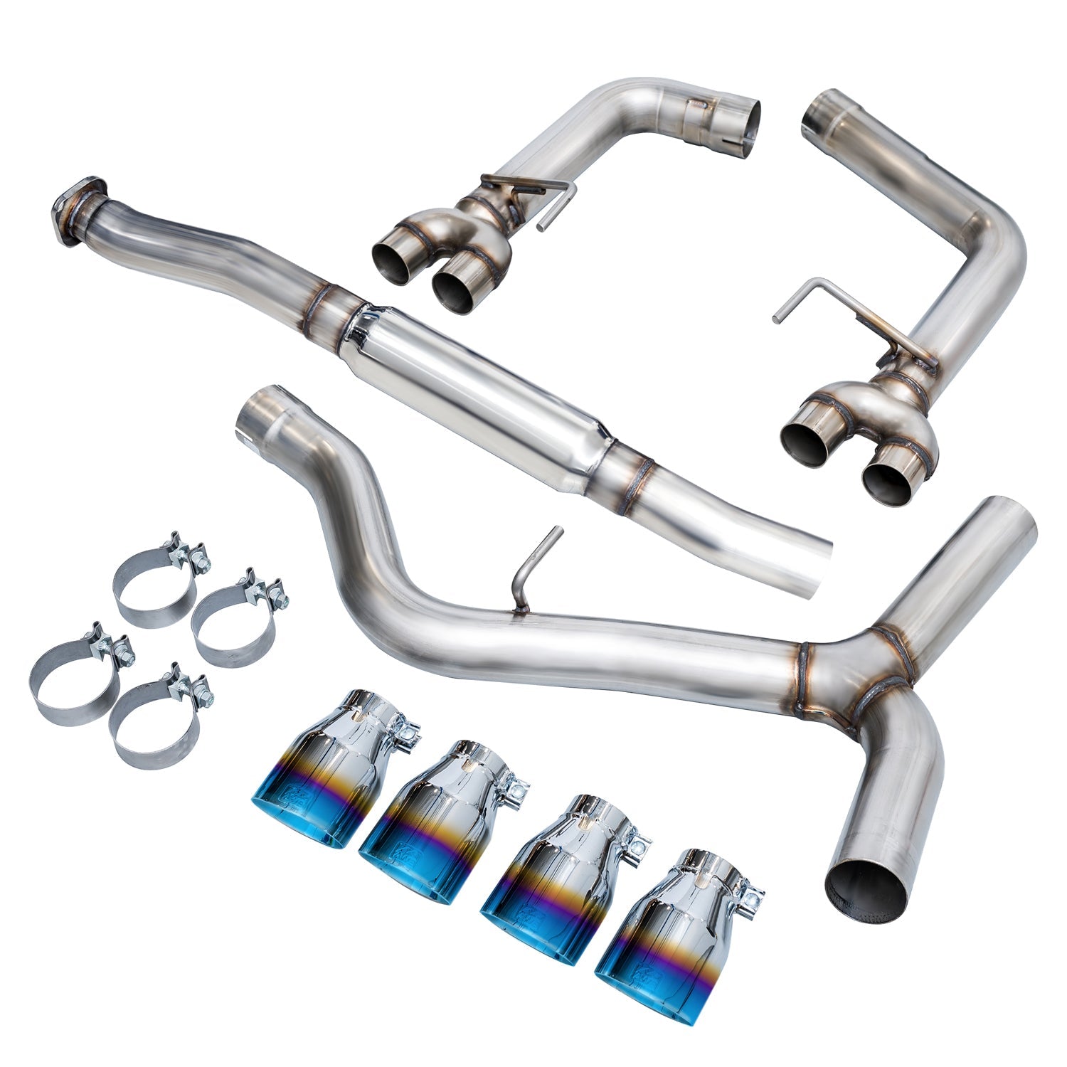 AWE STI Track sections laid out on white with four Vapor Blue tips and band clamps