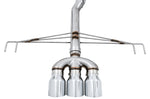 Rear view of the AWE FK8 Track trident merge, hanger frame and three chrome 4.5-inch tips