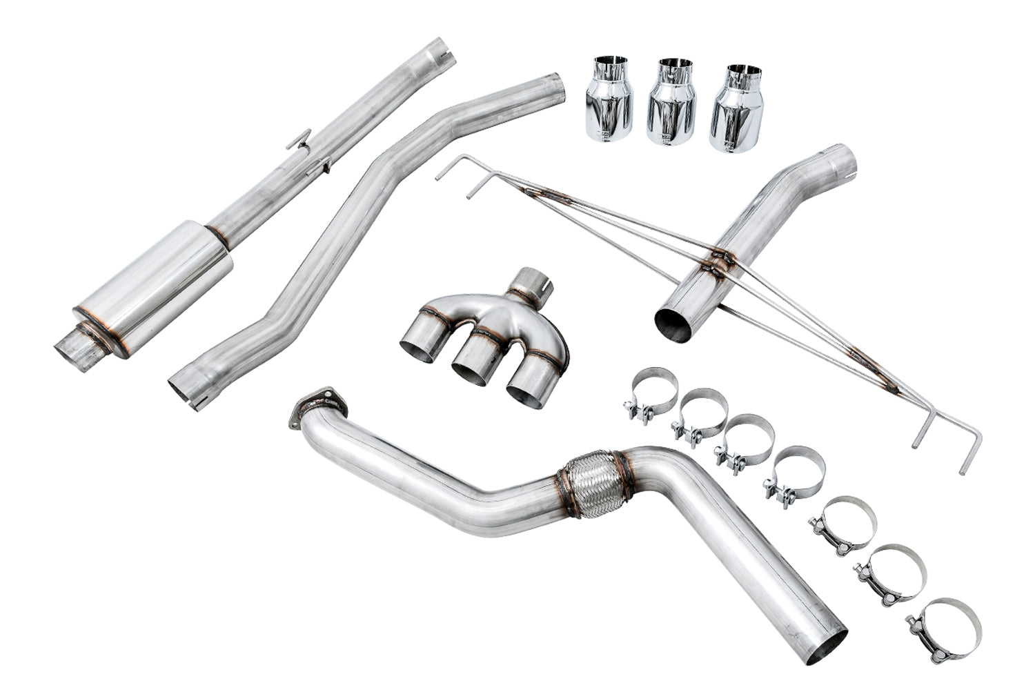 All parts in the AWE FK8 Track box: front pipe, mid pipes, straight rear section, three tips, clamps