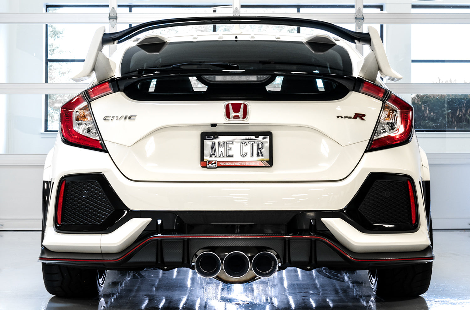 White FK8 Civic Type R from directly behind showing AWE Track chrome triple tips