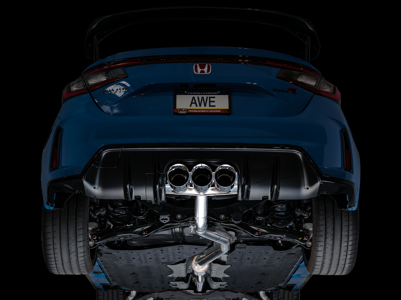 Blue FL5 Type R from below the bumper with the AWE Track trident merge and chrome tips