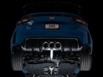Blue FL5 Type R from below the bumper with the AWE Track trident merge and chrome tips