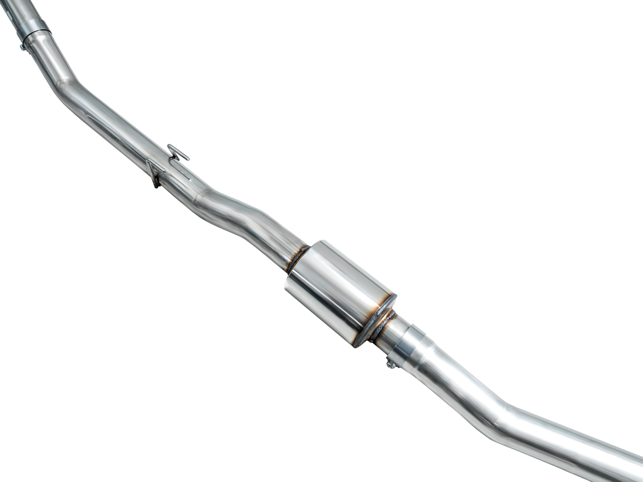 AWE FL5 resonated midpipe: inline stainless resonator between mandrel-bent 3-inch pipes