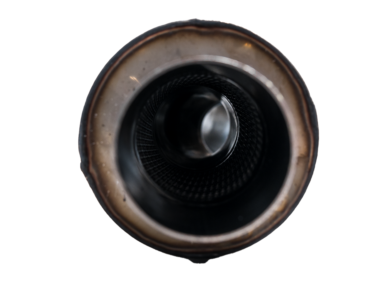 Looking into the AWE FL5 midpipe resonator showing its perforated straight-through core