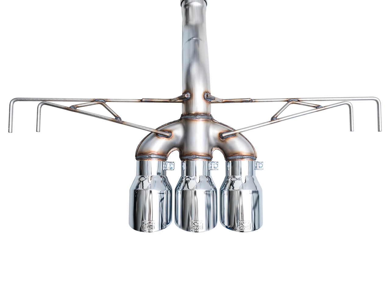 Rear view of the AWE Track trident merge, hanger frame and three chrome 4.5-inch tips