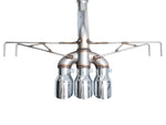 Rear view of the AWE Track trident merge, hanger frame and three chrome 4.5-inch tips