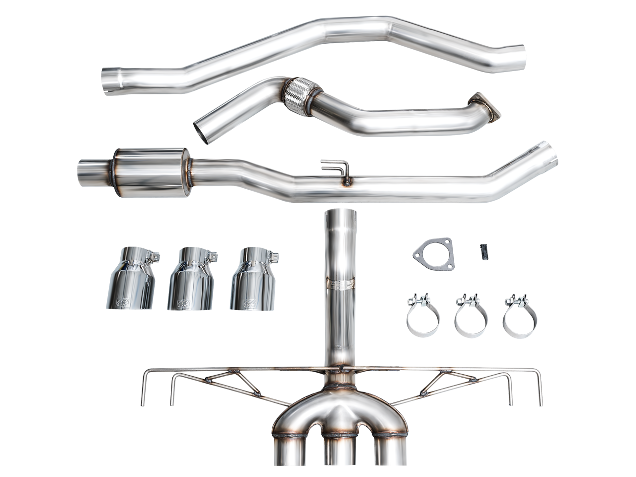 All parts in the AWE FL5 Track box: front pipe, midpipe, rear section, tips and clamps