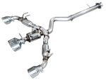 AWE Track Edition GR Corolla cat-back on white with three Chrome Silver slash-cut tips