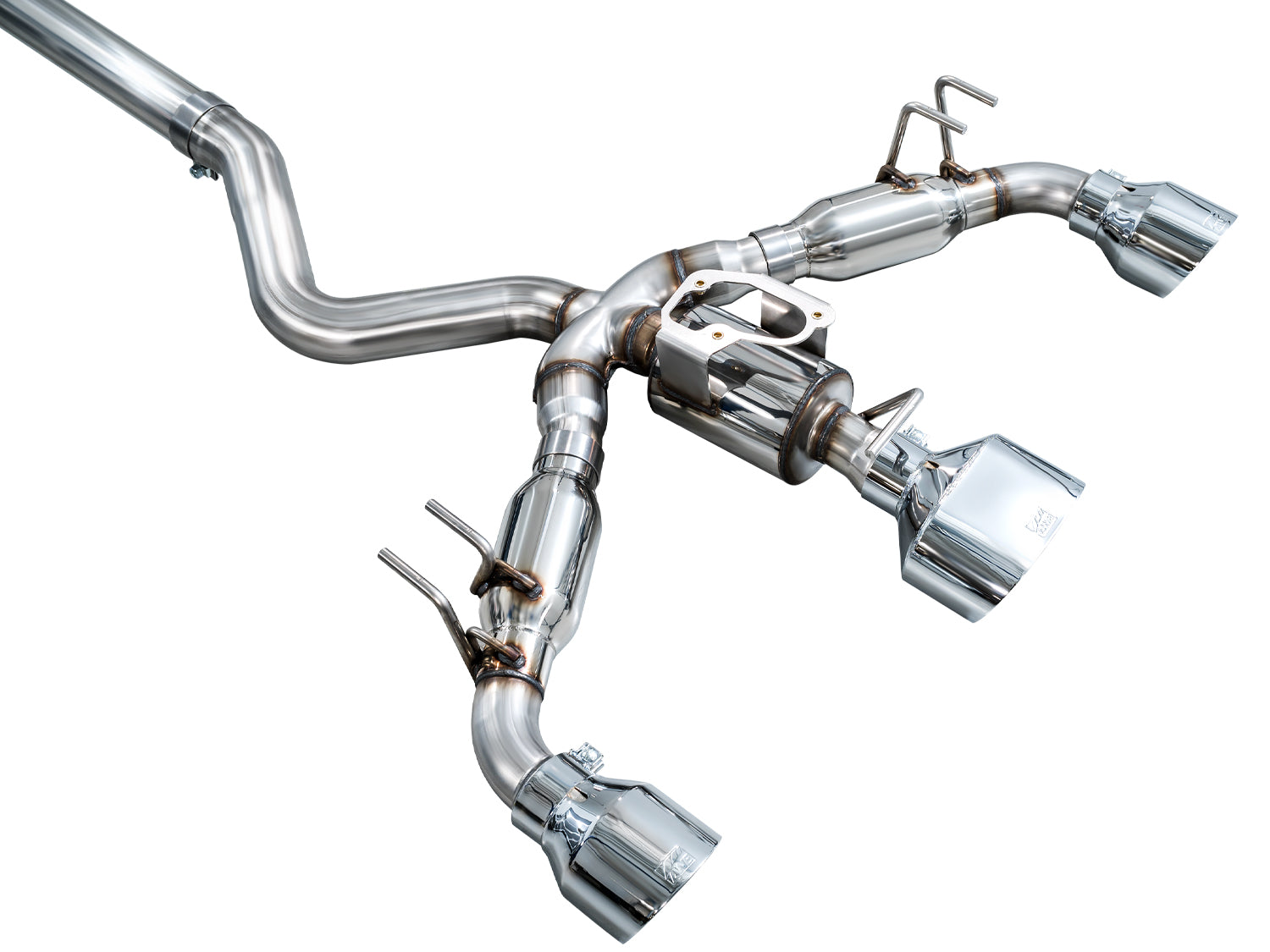 Front angle of the muffler-free AWE GR Corolla Track system with the straight front pipe