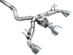 Front angle of the muffler-free AWE GR Corolla Track system with the straight front pipe