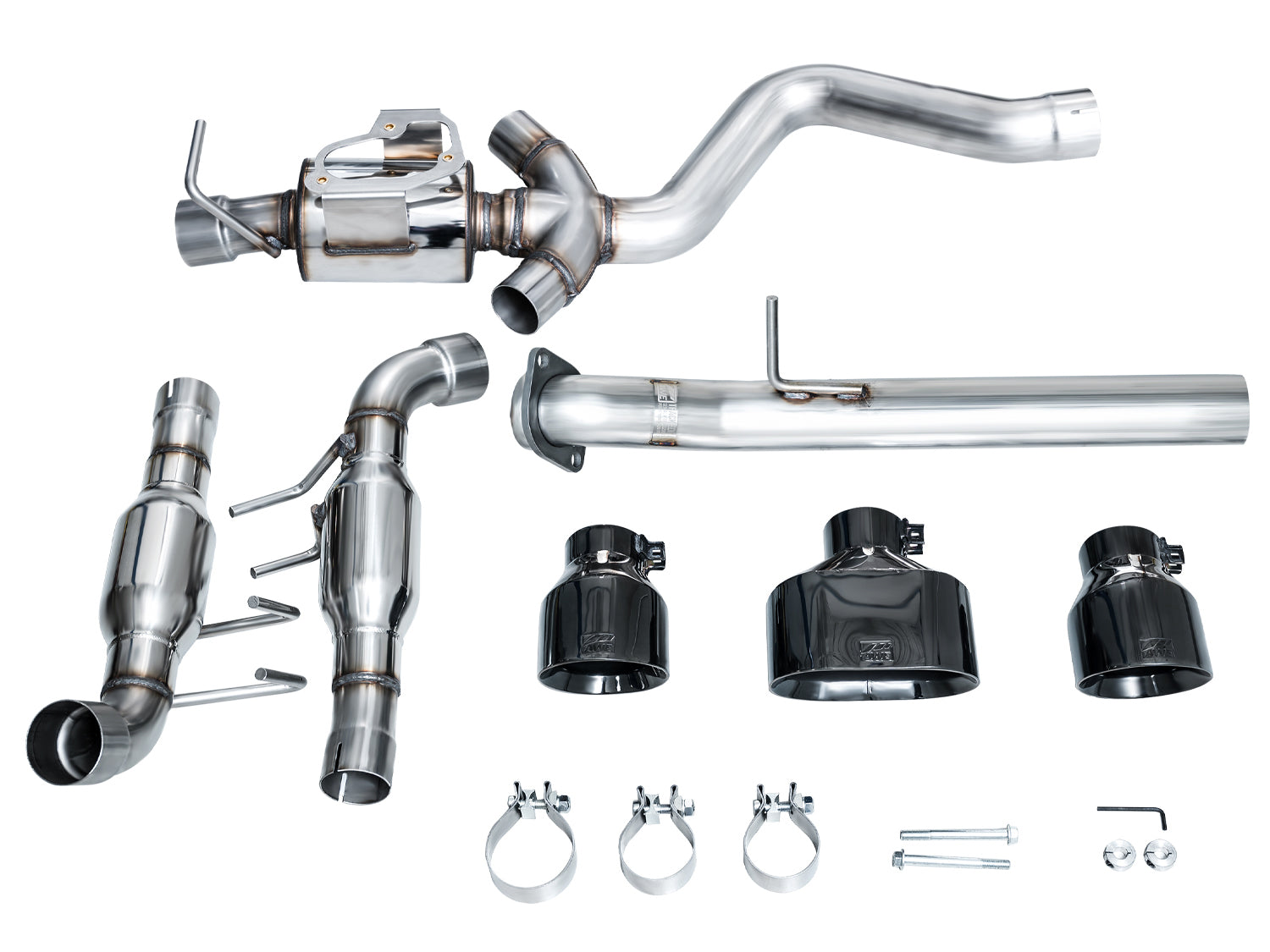 Contents of the AWE GR Corolla Track box: front pipe, tri-merge, black tips and clamps