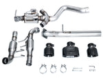 Contents of the AWE GR Corolla Track box: front pipe, tri-merge, black tips and clamps