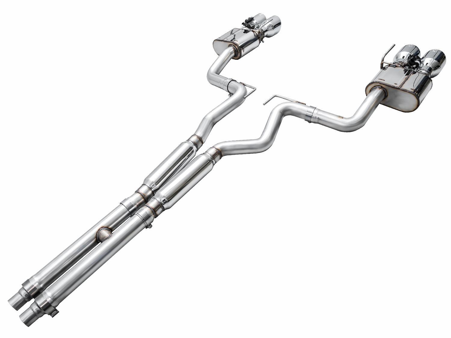 AWE S550 Mach 1 SwitchPath system with chrome tips, side view