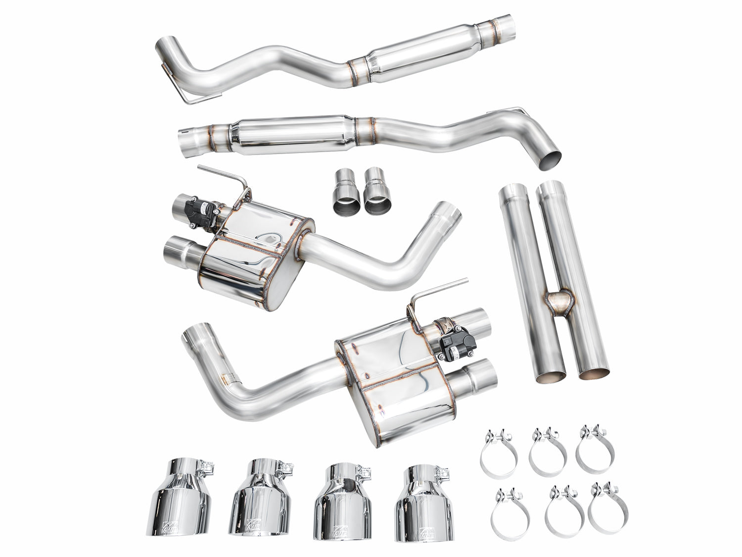 Every part in the AWE Mustang Mach 1 SwitchPath kit with chrome tips