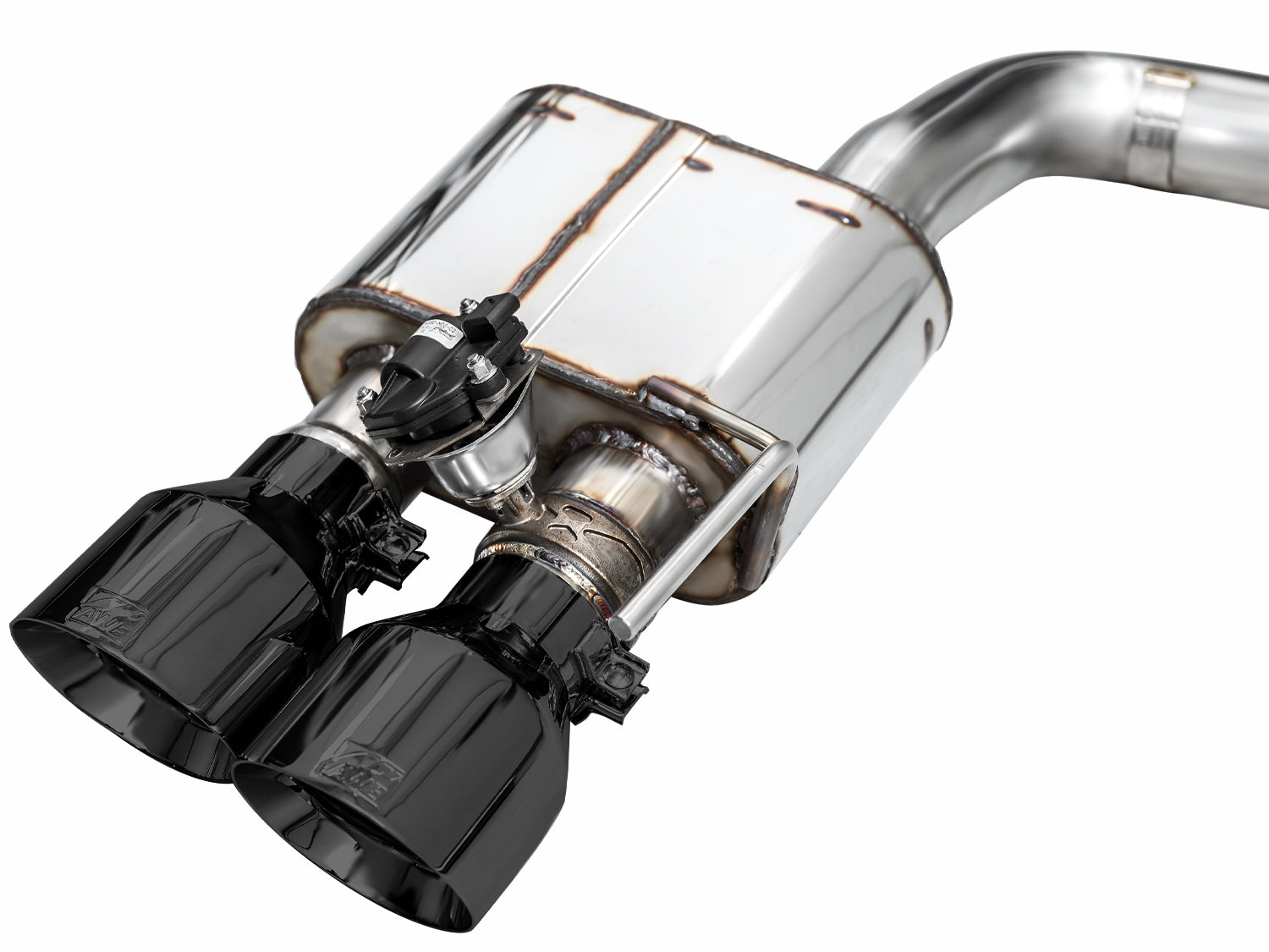 Close-up of the AWE Mach 1 SwitchPath valve section and 5-inch black tips