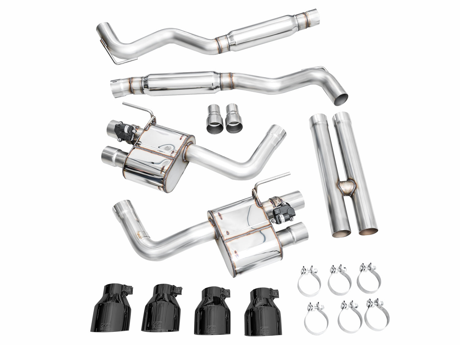 AWE Mustang Mach 1 SwitchPath kit laid out with Diamond Black tips