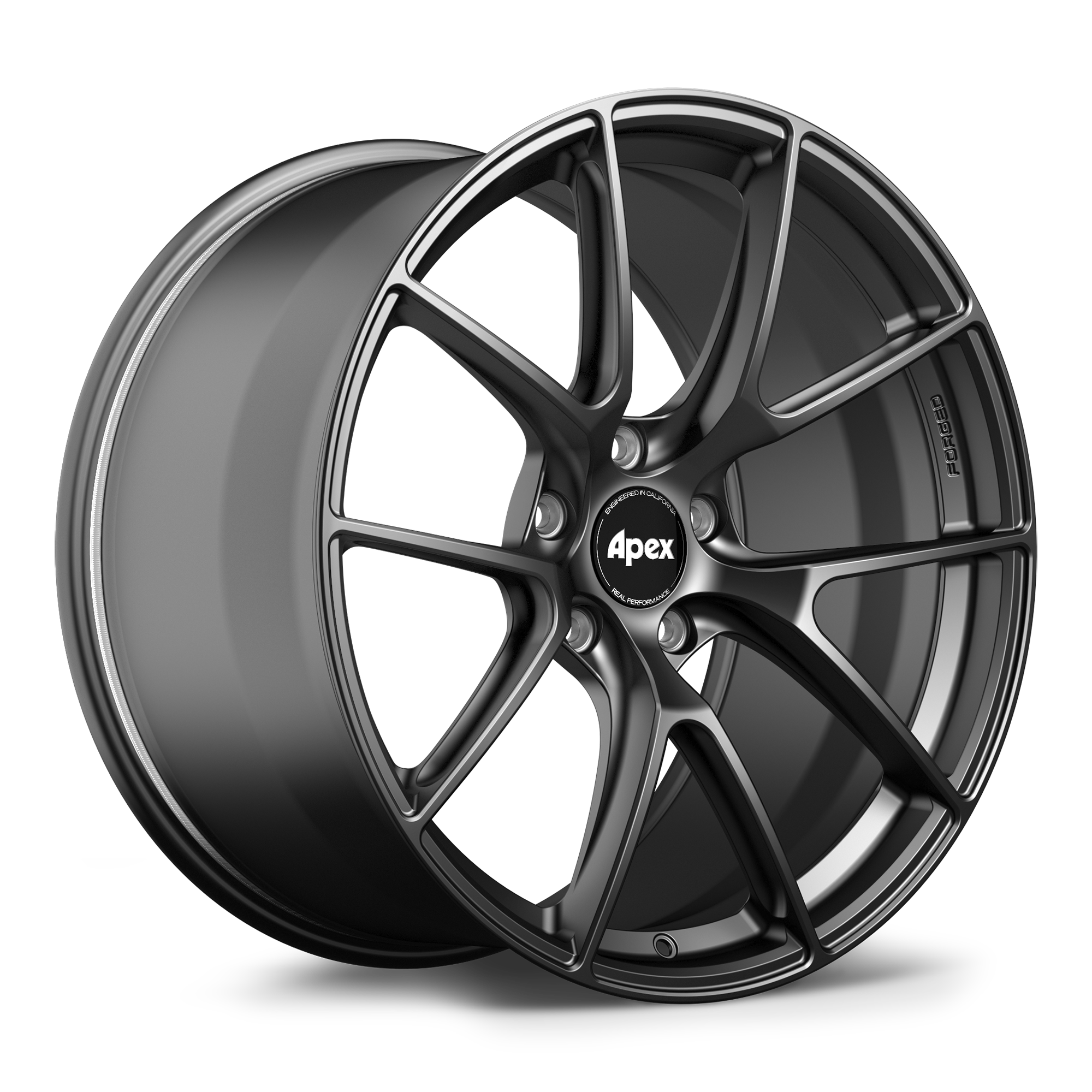 Single alloy wheel with dark gray finish and five-spoke design, center cap visible, displayed at angle - APEX Wheels wheel for 21x11.5 ET58 5x130 - Satin Black