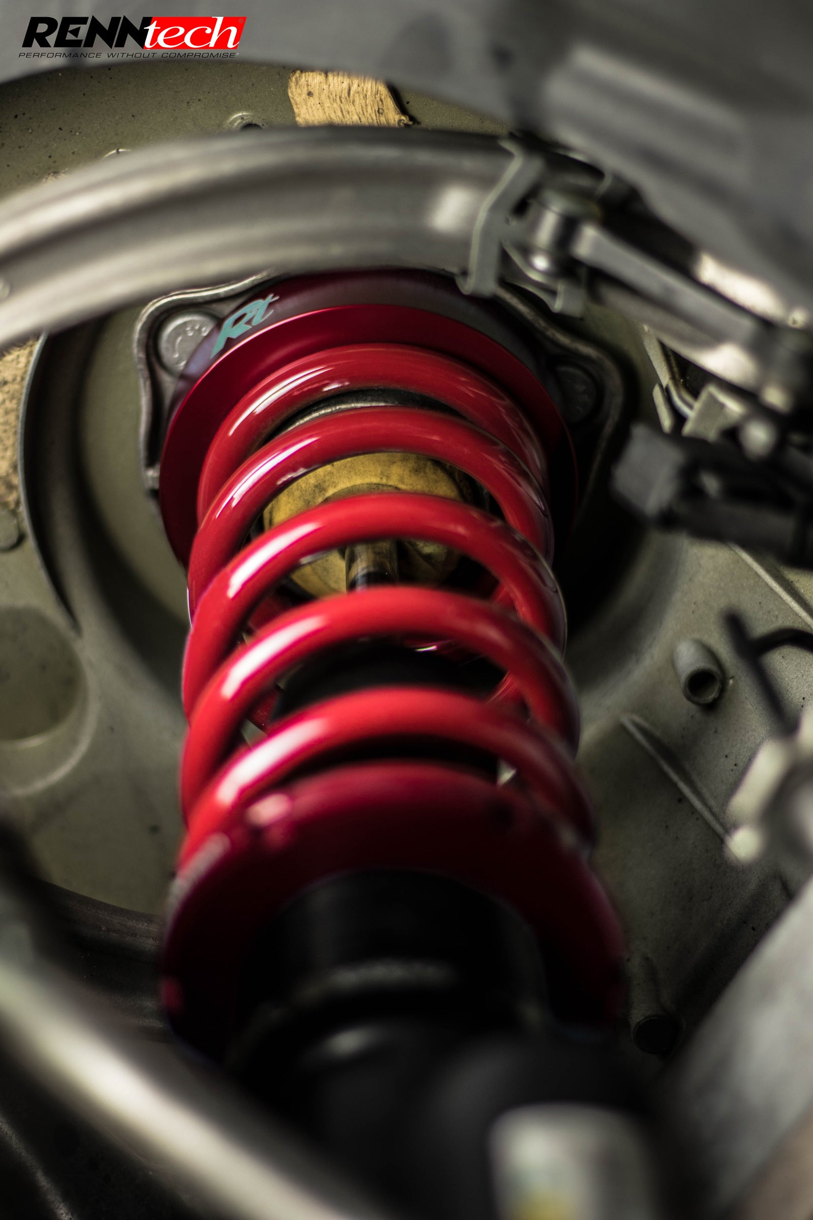 Red RennTech coil-over fitted in the CLE 53 wheel well - Coilover Suspension for the 2024-2026 CLE 53 AMG Coupe