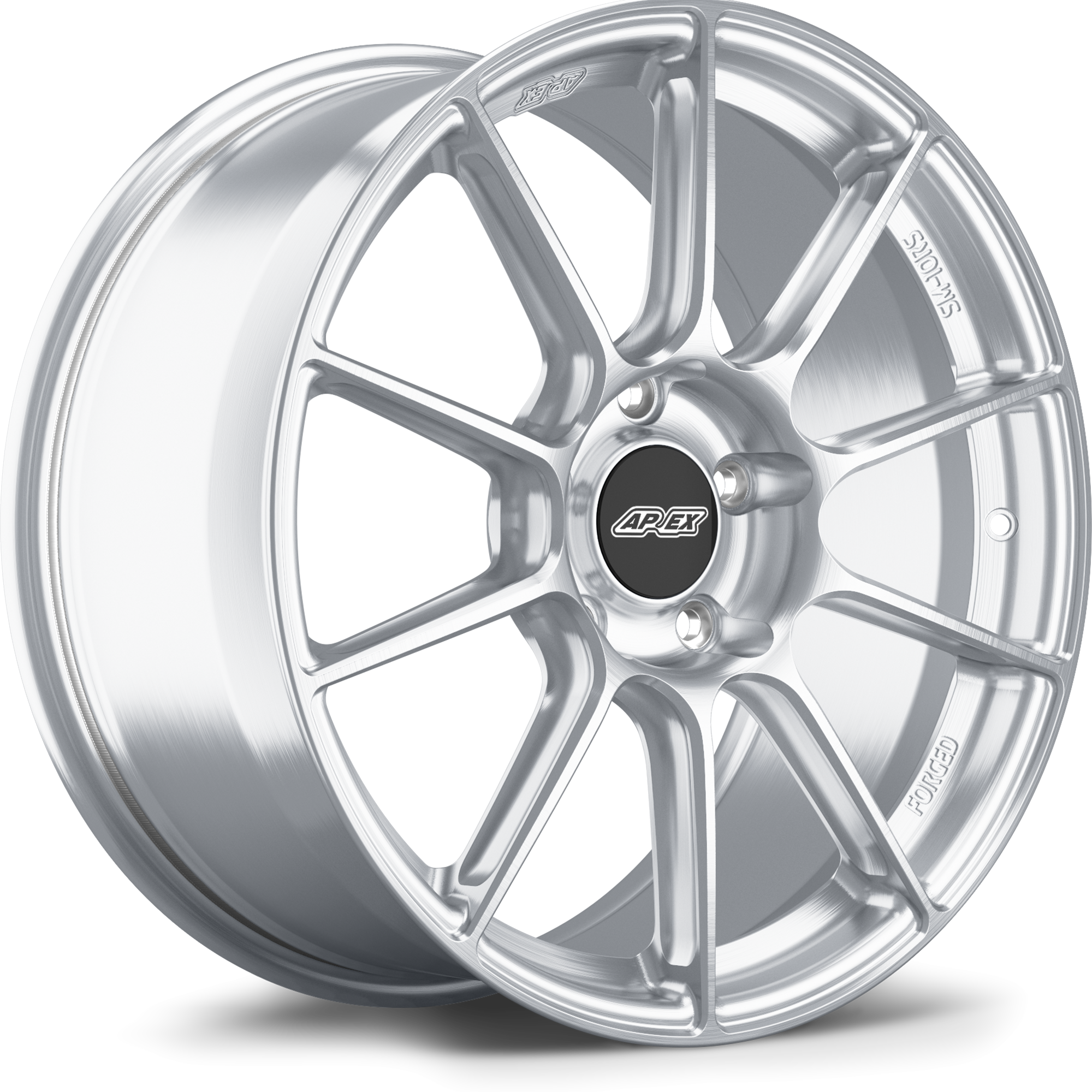 Silver machined aluminum wheel with ten-spoke design and black center cap on white background - APEX Wheels wheel for 19x9 ET50 5x130 - Brushed Clear
