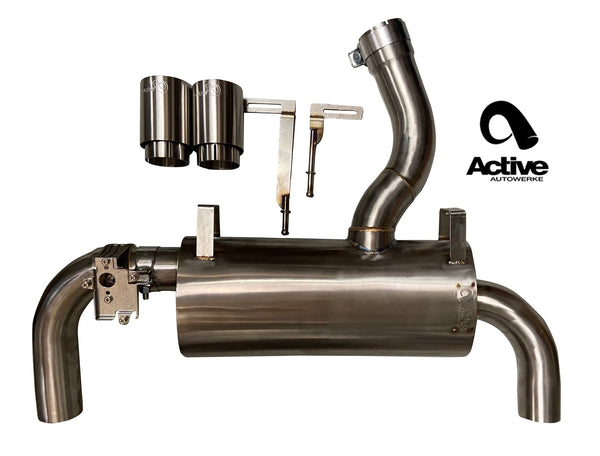 Centre shot of Active Autowerke Performance Valved Rear Exhaust GEN 2 for BMW F22 M235i with white background