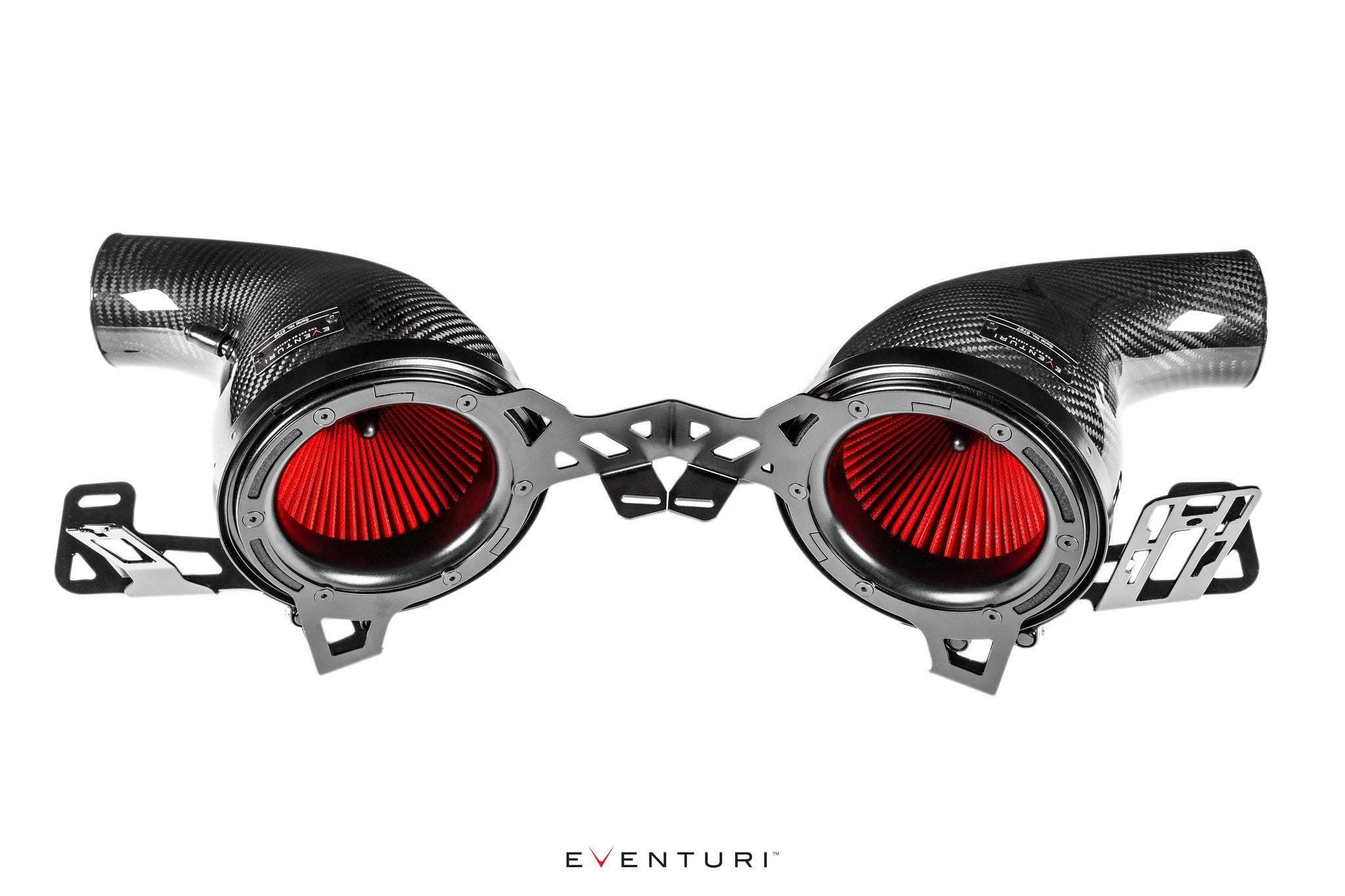 Dual intake assembly with carbon fiber tubes, red pleated air filters, and metal mounting brackets on white background - Eventuri intake for Porsche 911