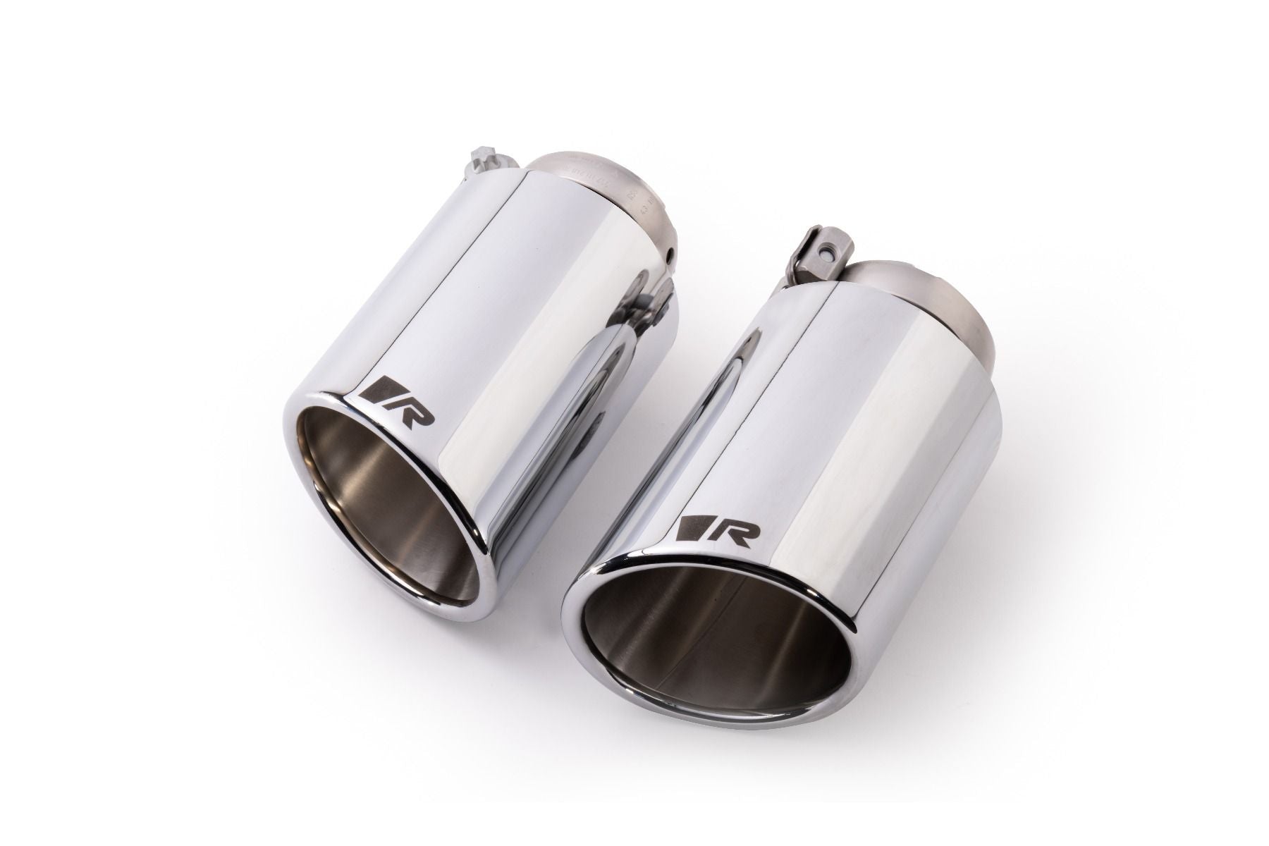 Pair of polished chrome angled tail pipes with R logo, Chrome Angled 102mm tips for the Remus Mk8 Golf R Axle-Back Exhaust