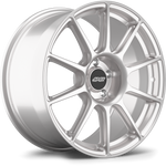 Single silver alloy wheel with ten-spoke design and black center cap on white background - APEX Wheels wheel for 18x9 ET42 5x112 - Race Silver
