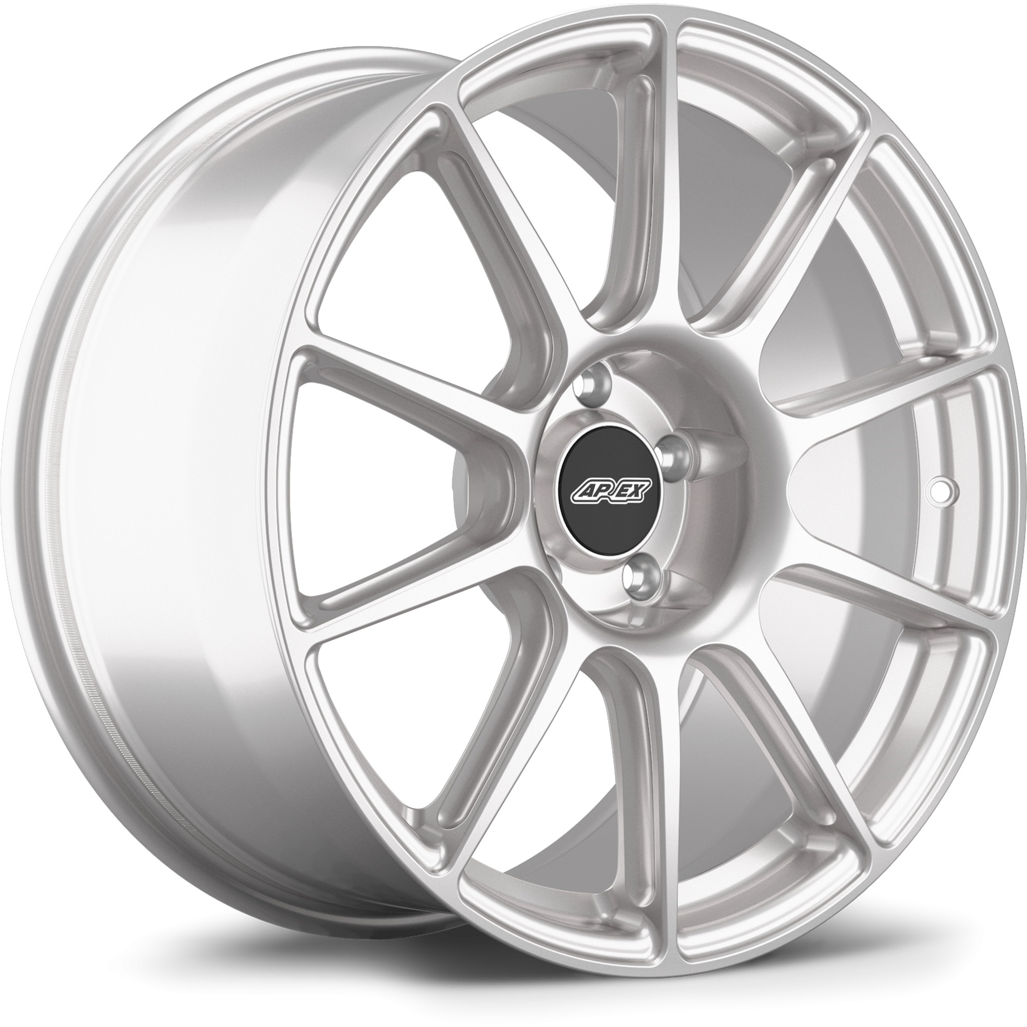 Silver alloy wheel with split-spoke design and black center cap on white background - APEX Wheels wheel for 18x8.5 ET43 5x112 - Race Silver