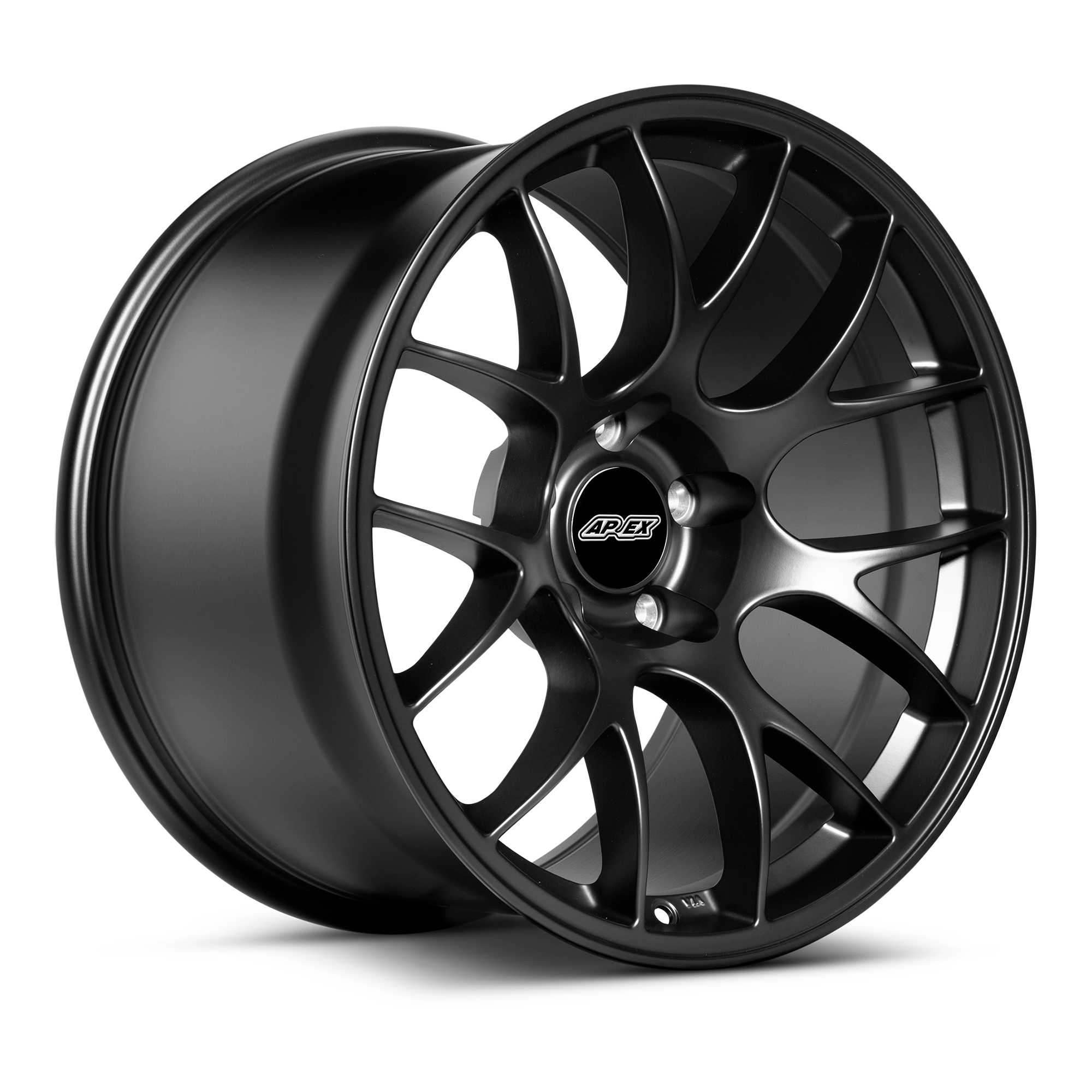 Two black alloy wheels with multi-spoke design and glossy finish on white background - APEX Wheels wheel for 18x10.5 ET40 5x120 - Satin Black