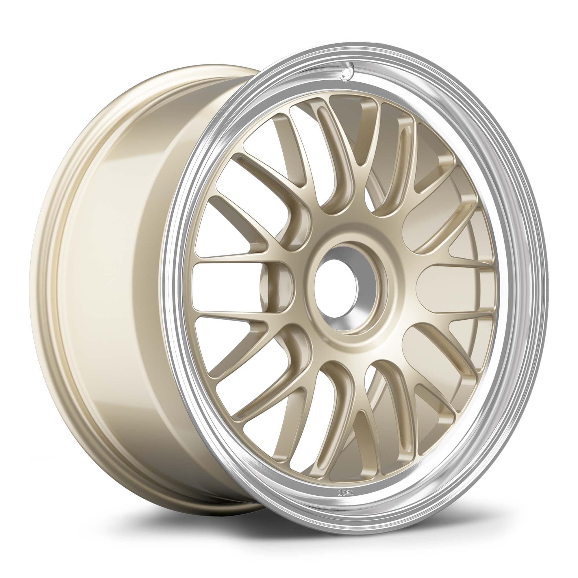Gold finished alloy wheel with multi-spoke design and polished silver lip displayed at angle on white background - APEX Wheels wheel for 19x9.5 ET48 PSCL - Gloss Motorsport Gold - Machined Lip